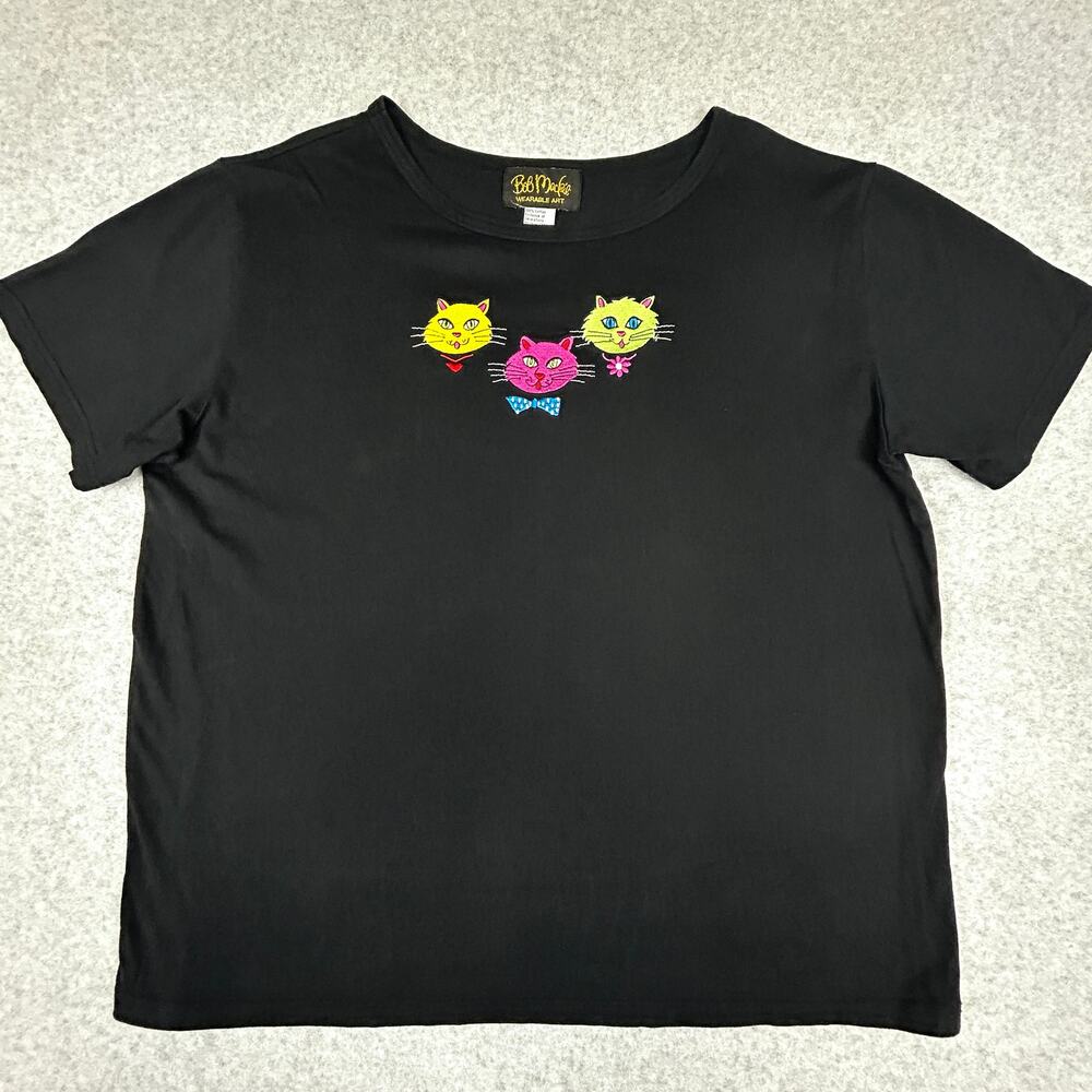 Bob Mackie Wearable Art T-Shirt Womens 1X Black Embroidered Cats Cotton Top